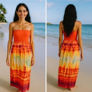 Bisou Bisou Strapless Maxi Dress Coral Tie Dye Flowy Boho Summer Size‎ 8